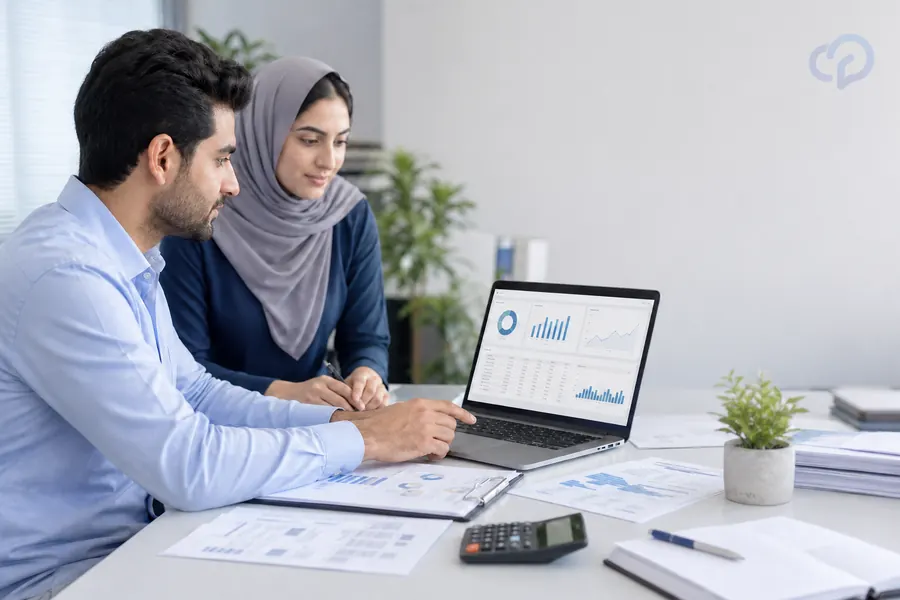 تیم مالی در حال بررسی گزارش‌ها و فاکتورهای حسابداری ابری
