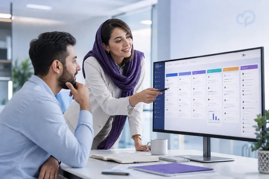 مدیر فروش و همکارش در حال بررسی قیف فروش CRM ابری